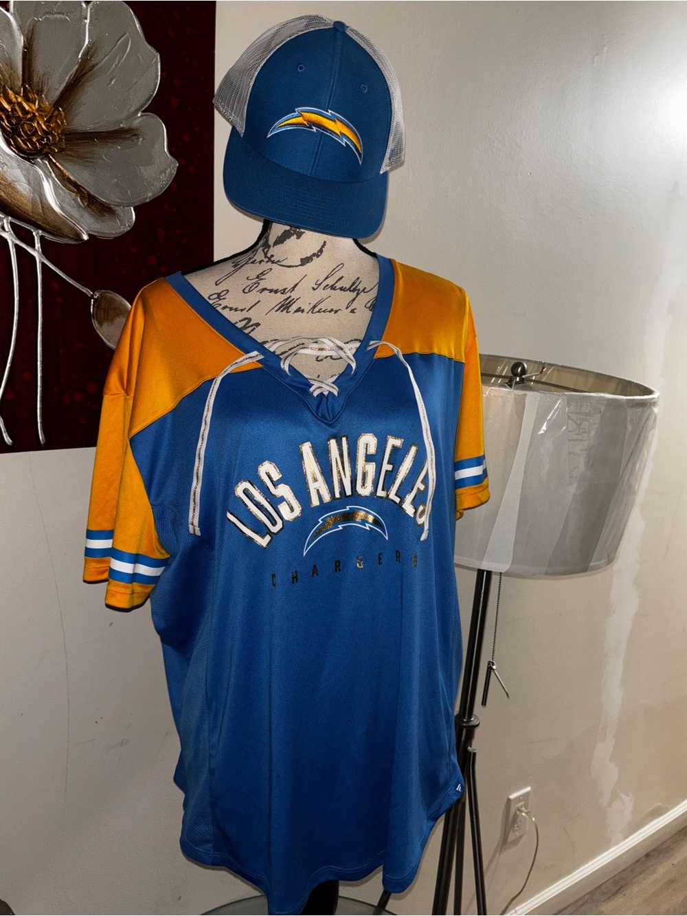 Los Angeles Chargers Blue & Gold Lace-Up Jersey Top with hat
